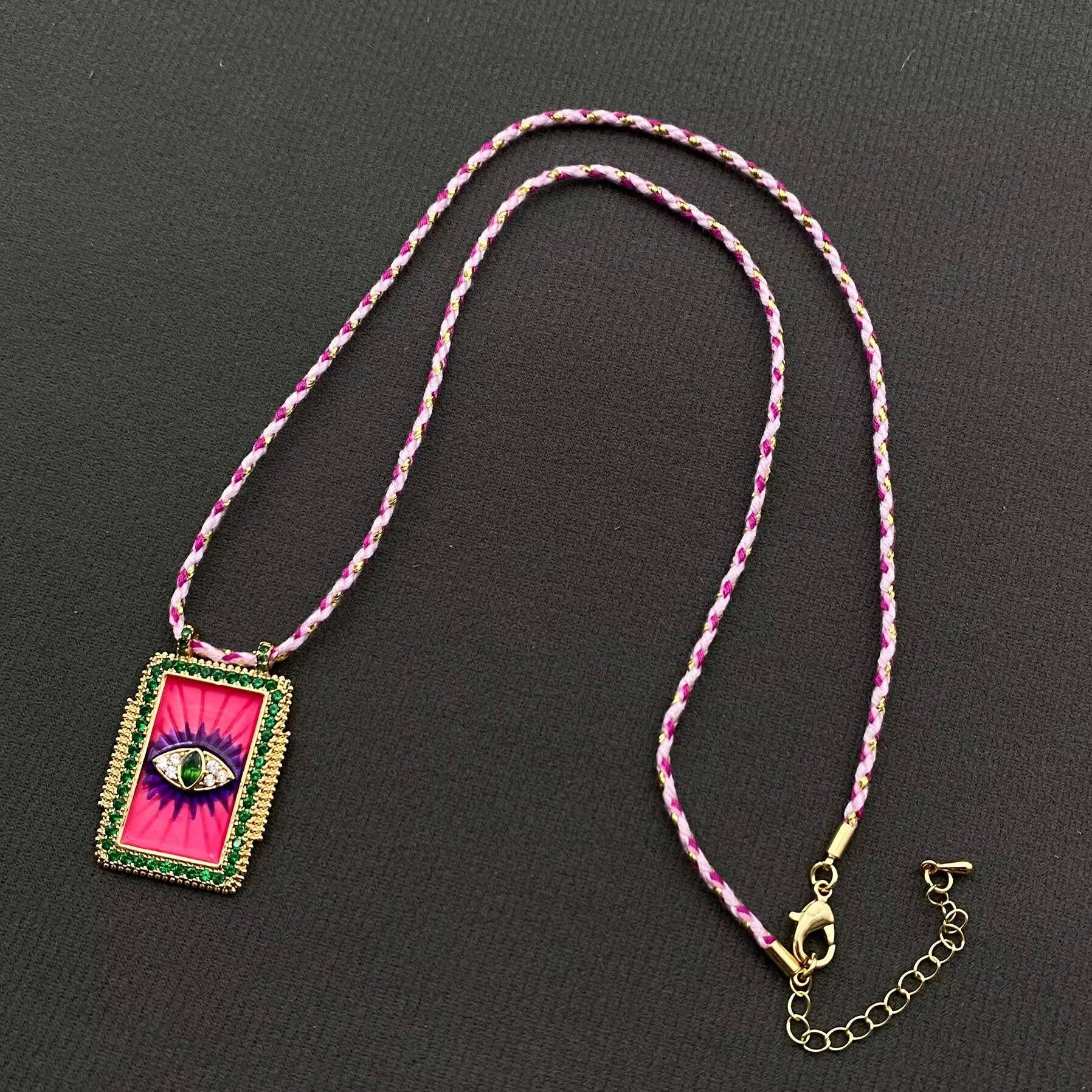 Rhinestone Evil Eyes Charm Braided Rope Necklace - Spiral Circle