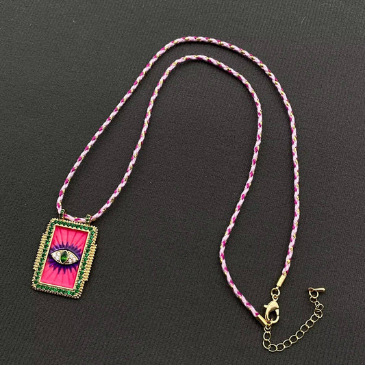 Rhinestone Evil Eyes Charm Braided Rope Necklace - Spiral Circle