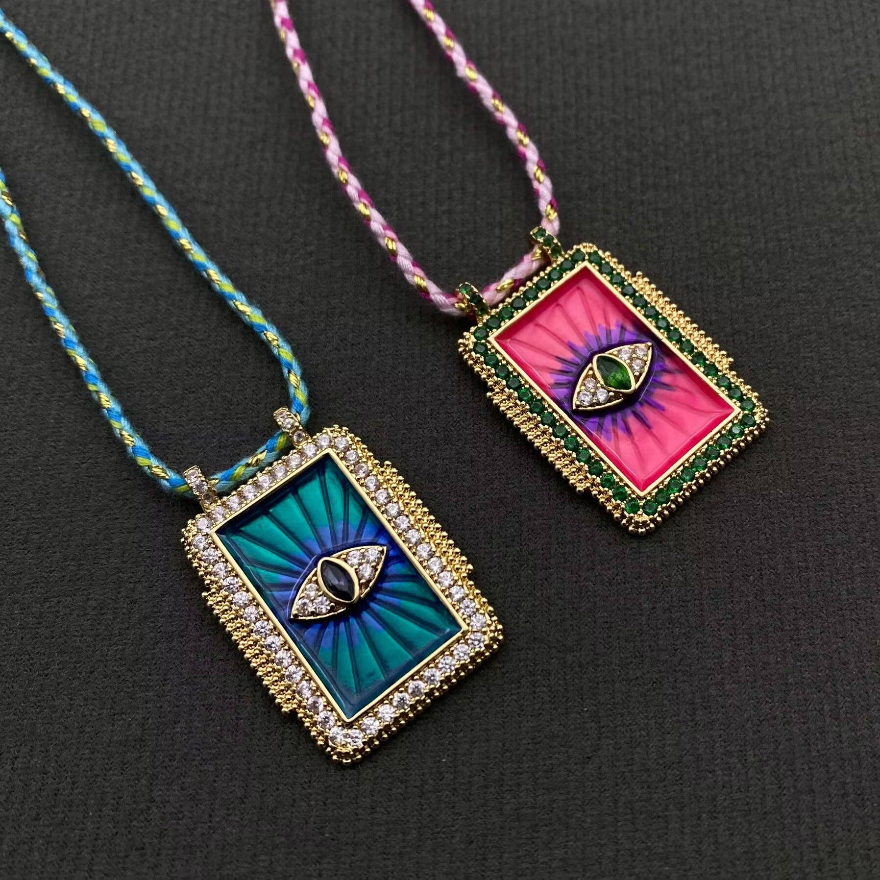 Rhinestone Evil Eyes Charm Braided Rope Necklace - Spiral Circle