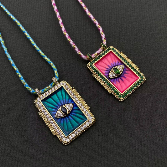 Rhinestone Evil Eyes Charm Braided Rope Necklace - Spiral Circle