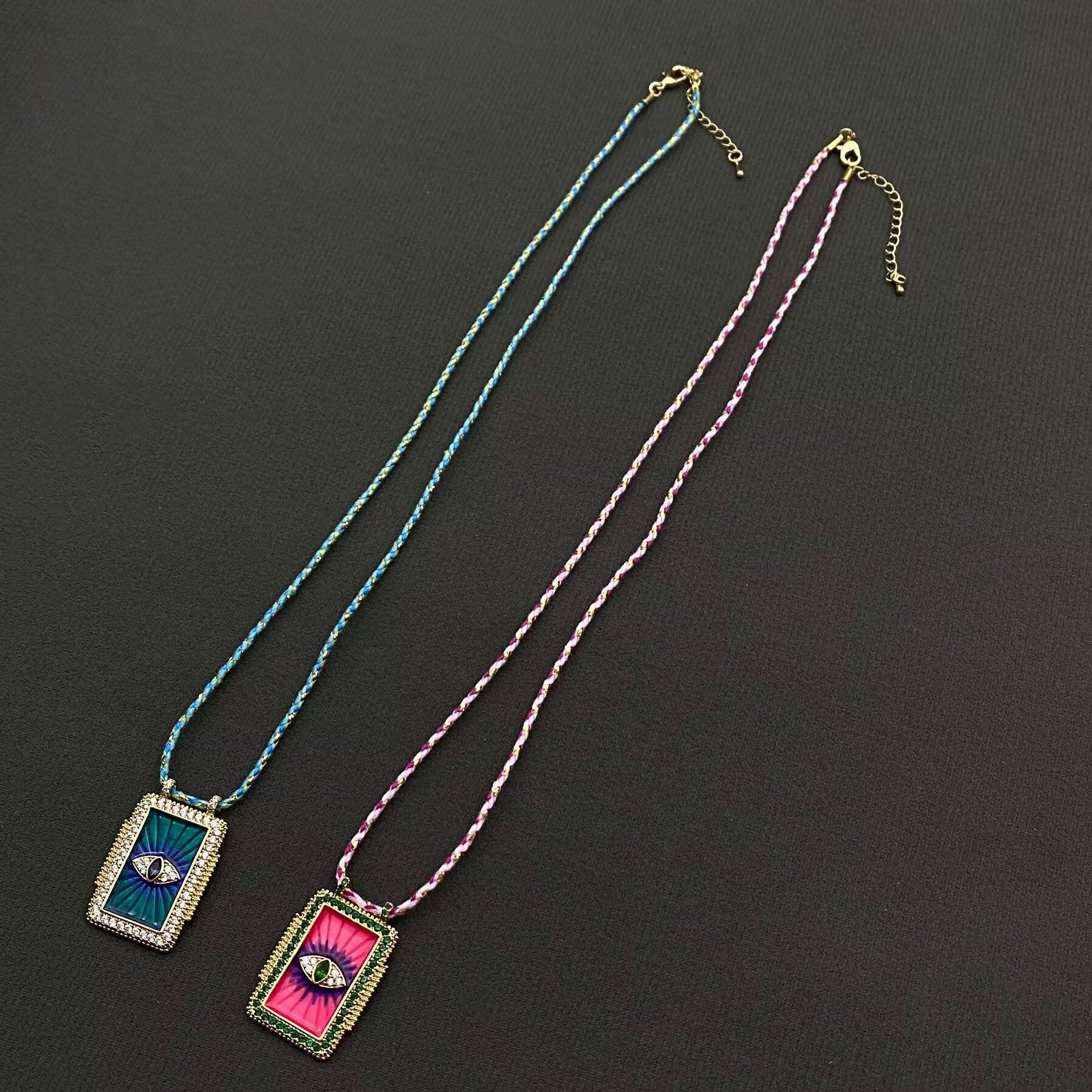 Rhinestone Evil Eyes Charm Braided Rope Necklace - Spiral Circle