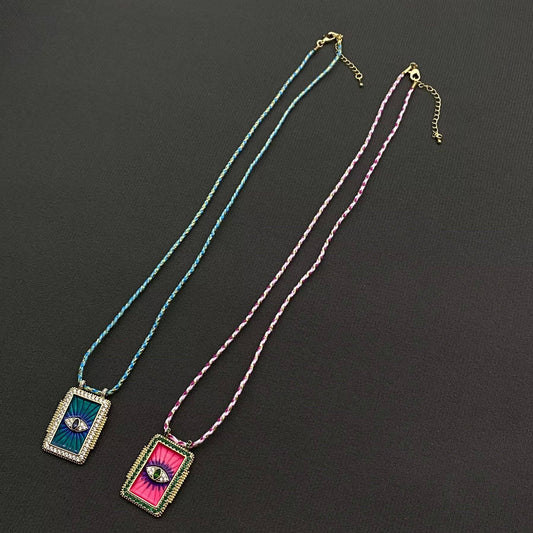 Rhinestone Evil Eyes Charm Braided Rope Necklace - Spiral Circle