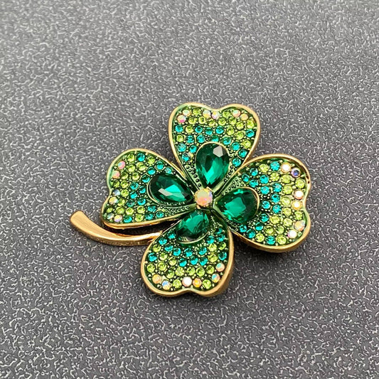 Rhinestone Four - leaf Clover Brooch - Spiral Circle
