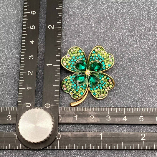Rhinestone Four - leaf Clover Brooch - Spiral Circle