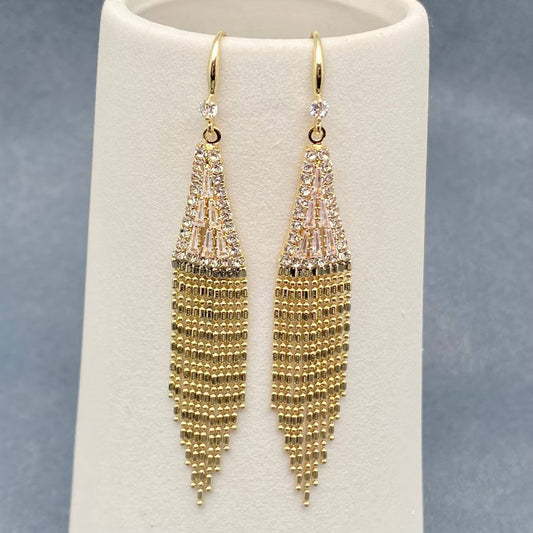 Rhinestone Gold - plated Metal Fringe Dangle Earrings - Spiral Circle