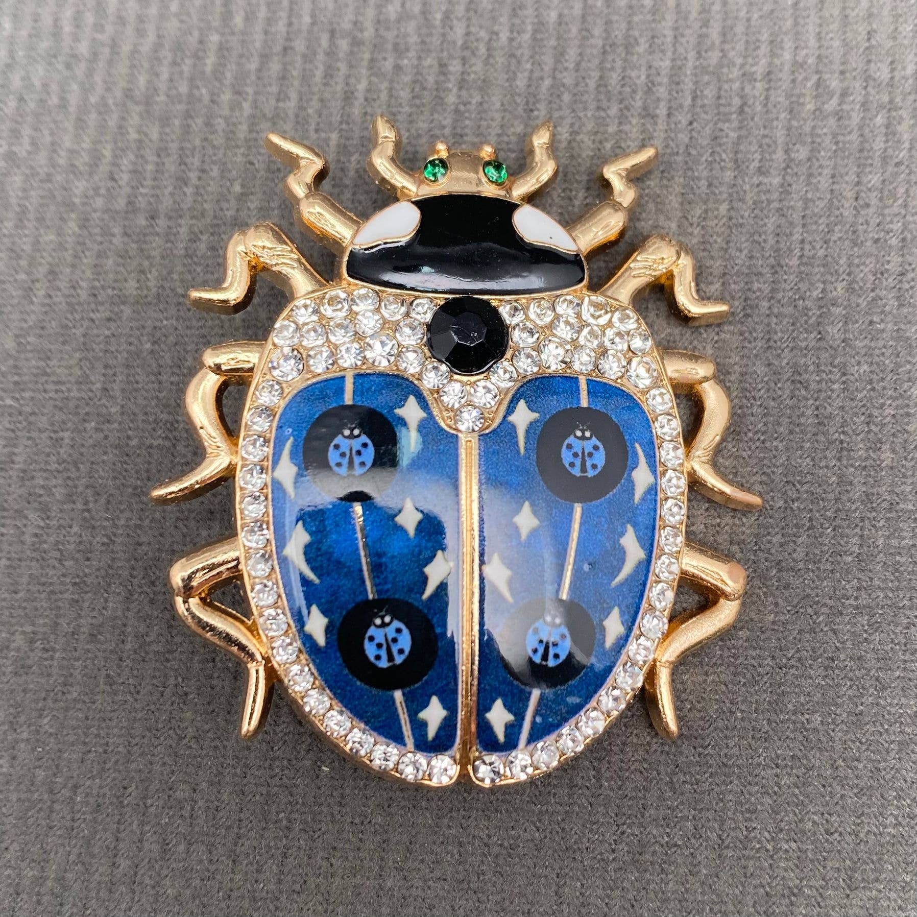 Rhinestone Inlaid Enamel Ladybug Brooch - Spiral Circle