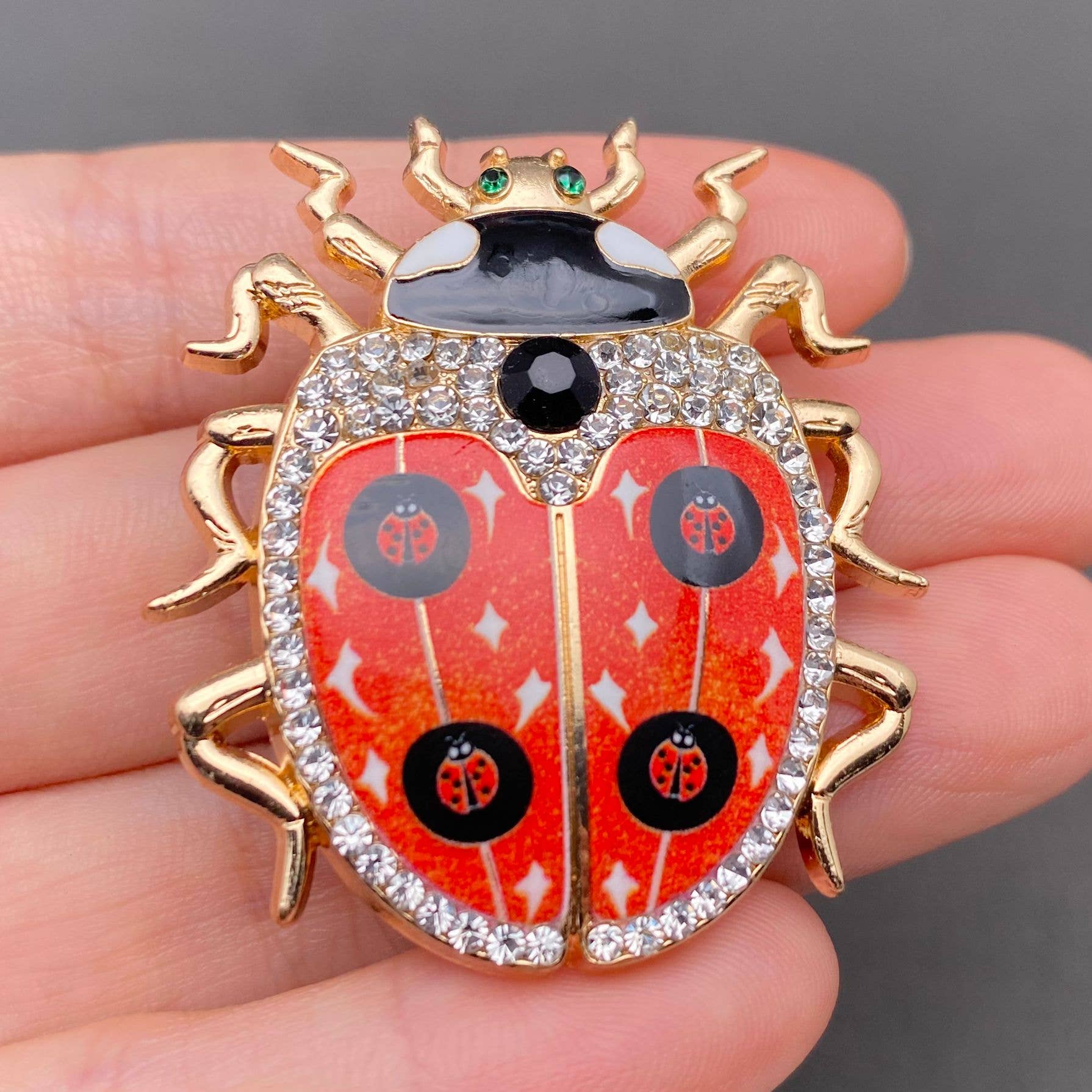 Rhinestone Inlaid Enamel Ladybug Brooch - Spiral Circle