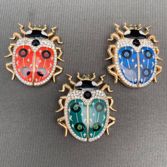 Rhinestone Inlaid Enamel Ladybug Brooch - Spiral Circle
