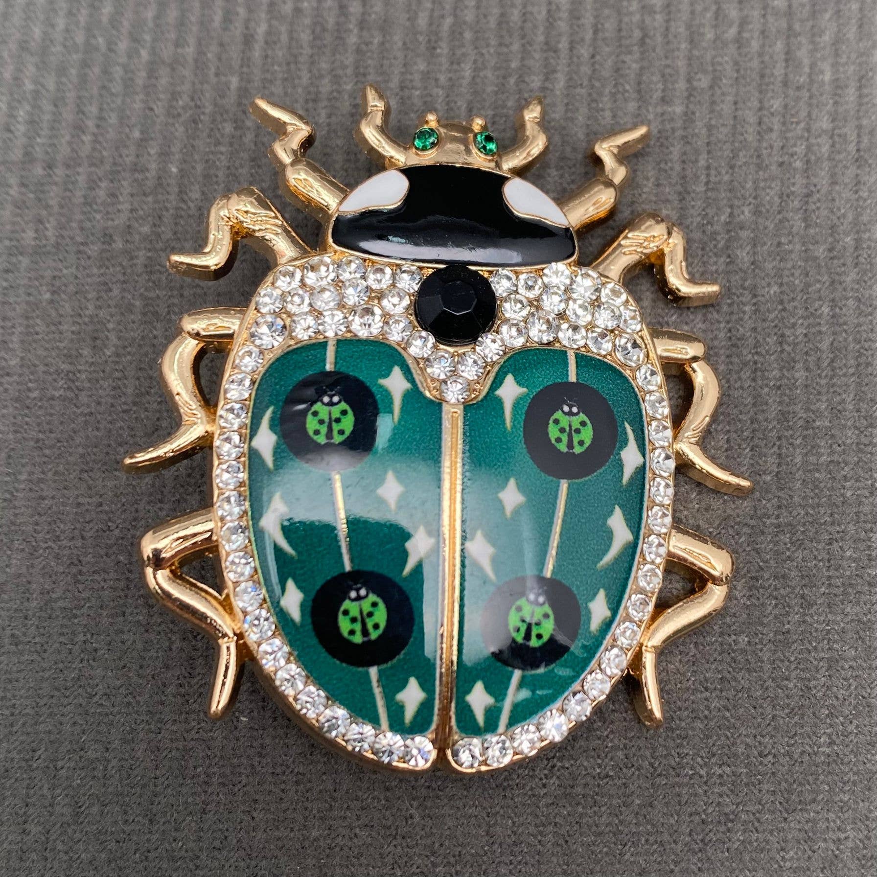 Rhinestone Inlaid Enamel Ladybug Brooch - Spiral Circle