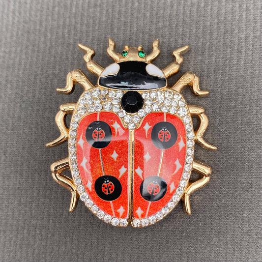 Rhinestone Inlaid Enamel Ladybug Brooch - Spiral Circle