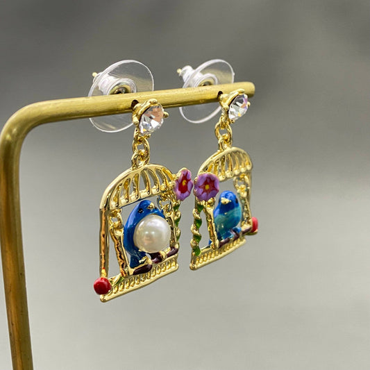 Rhinestone & Pearl | Bird In Cage Dangle Earrings - Spiral Circle
