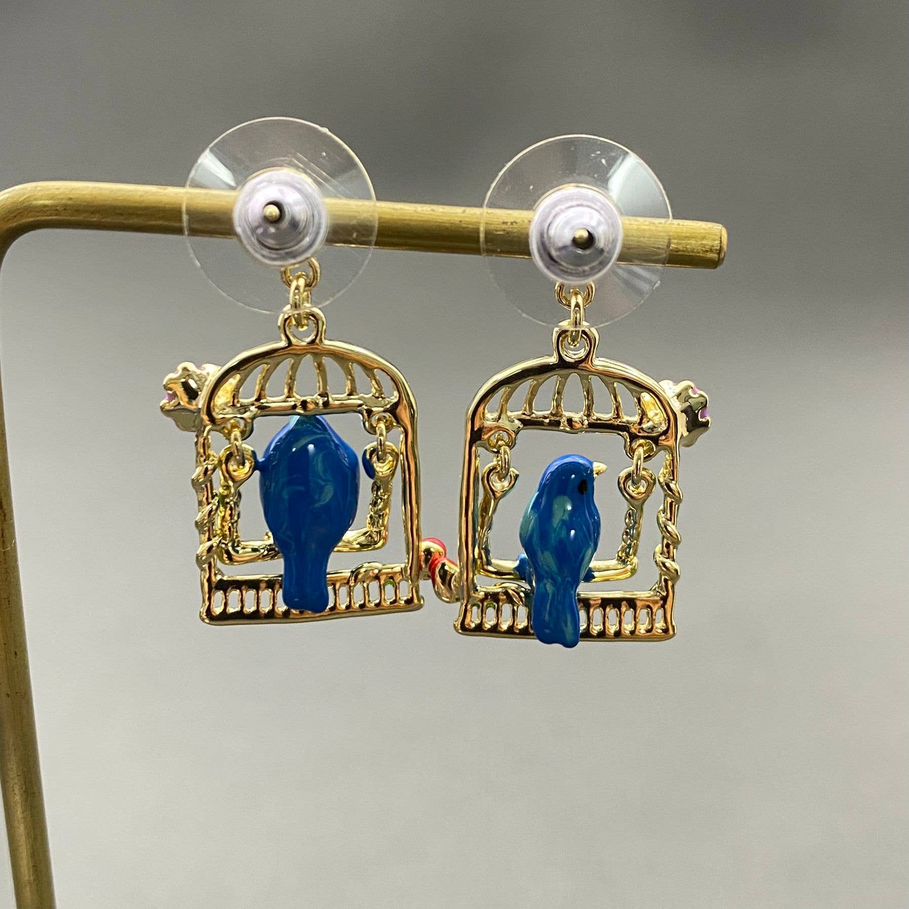 Rhinestone & Pearl | Bird In Cage Dangle Earrings - Spiral Circle