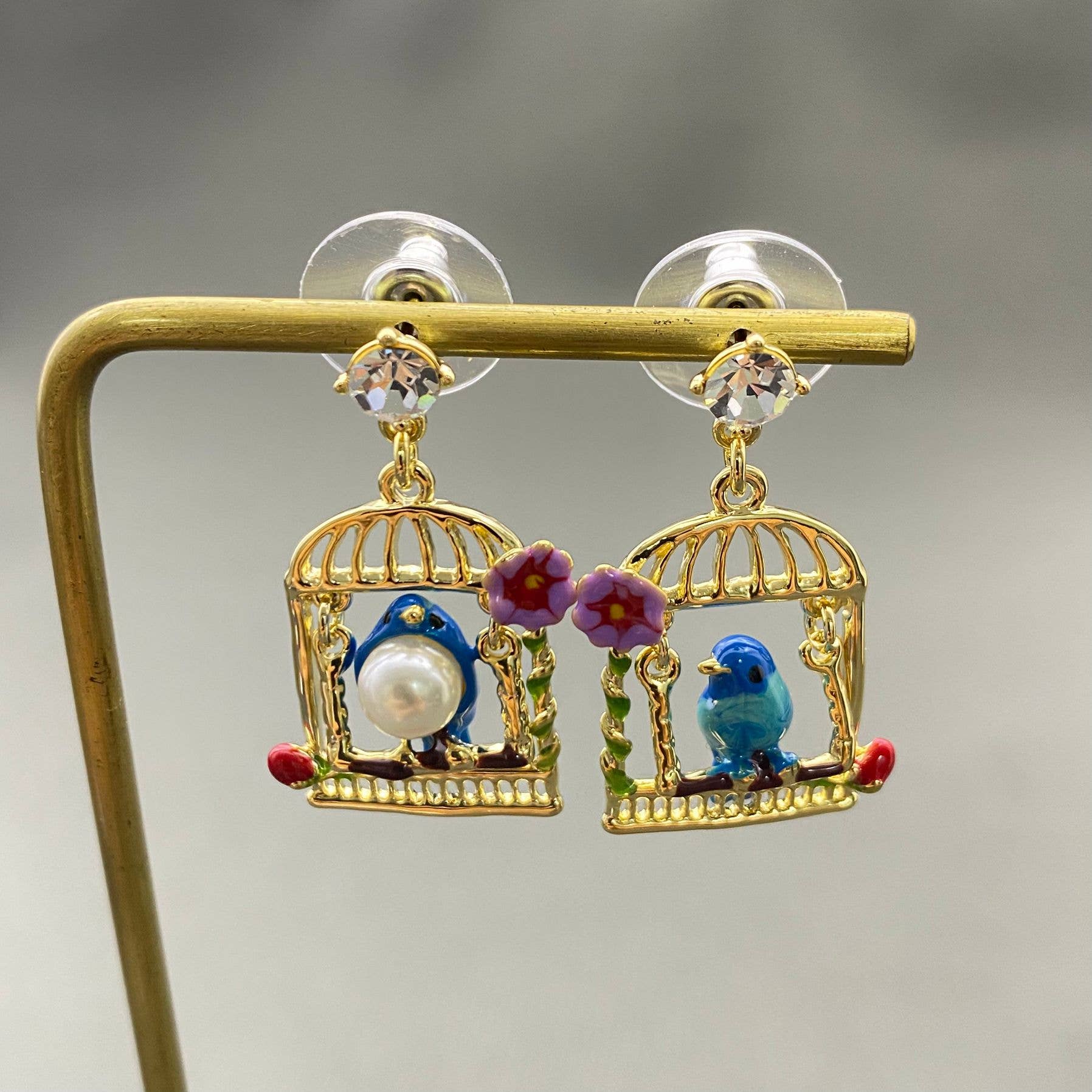 Rhinestone & Pearl | Bird In Cage Dangle Earrings - Spiral Circle