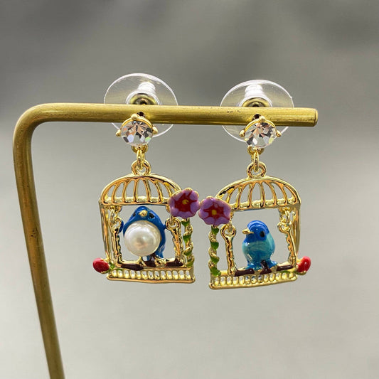 Rhinestone & Pearl | Bird In Cage Dangle Earrings - Spiral Circle