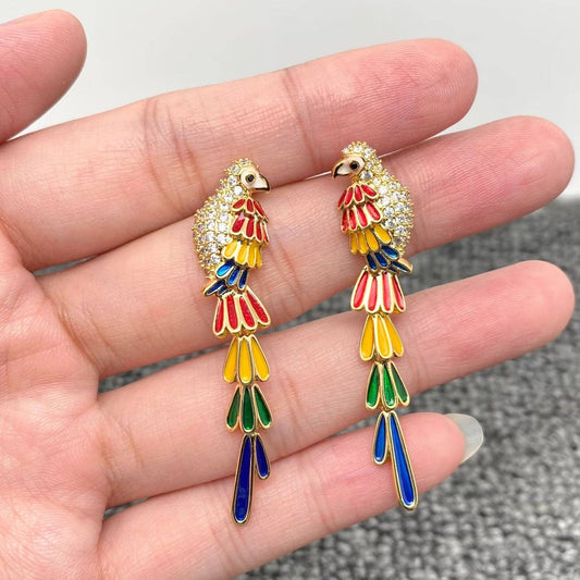 Rhinestone Rainbow Bird Dangle Earrings - Spiral Circle