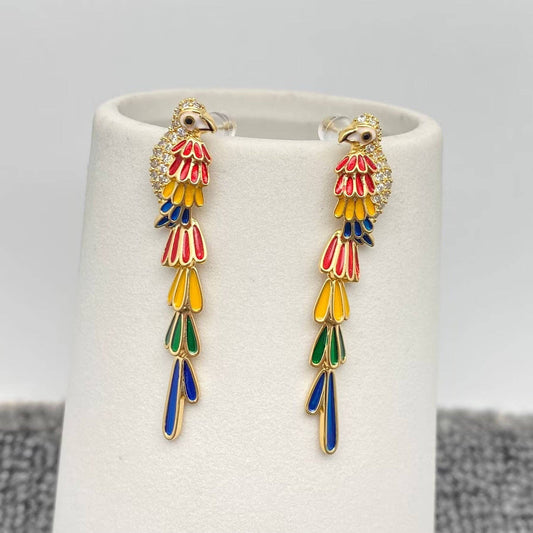 Rhinestone Rainbow Bird Dangle Earrings - Spiral Circle