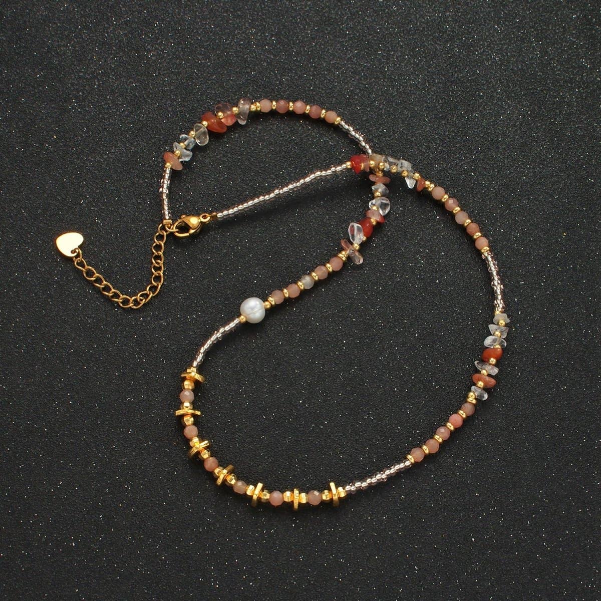 Rose Quartz Beaded Necklace with Freshwater Pearl - Spiral Circle