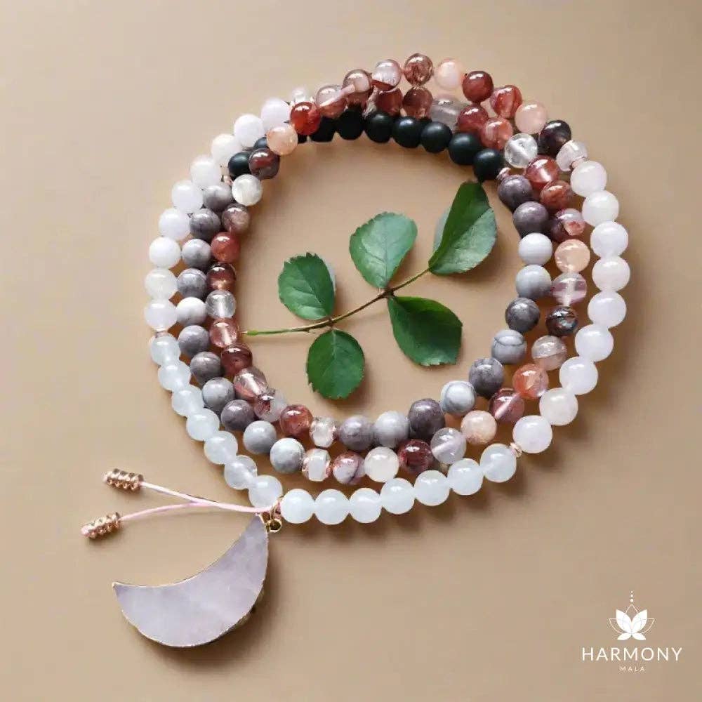 Rose Quartz, Black Onyx, Fire Quartz 108 Bead Mala - Spiral Circle