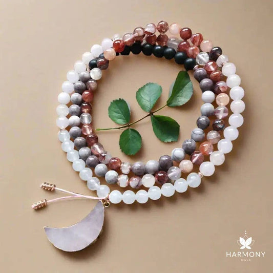 Rose Quartz, Black Onyx, Fire Quartz 108 Bead Mala - Spiral Circle