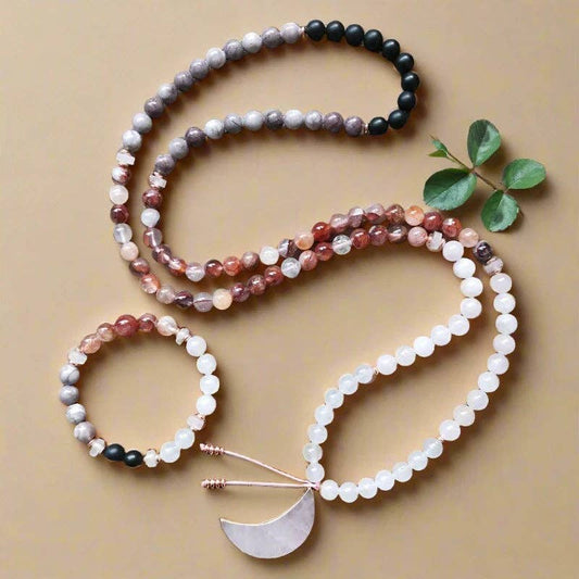Rose Quartz, Black Onyx, Fire Quartz 108 Bead Mala - Spiral Circle
