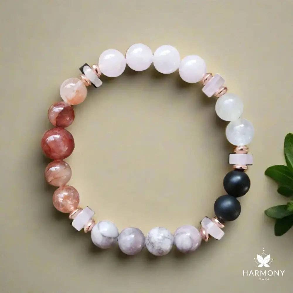 Rose Quartz, Black Onyx, Fire Quartz 108 Bead Mala - Spiral Circle