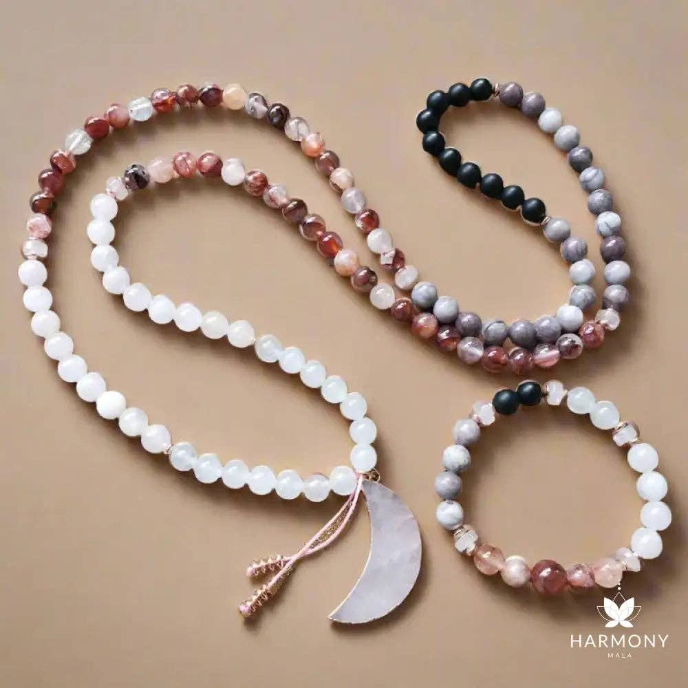 Rose Quartz, Black Onyx, Fire Quartz 108 Bead Mala - Spiral Circle
