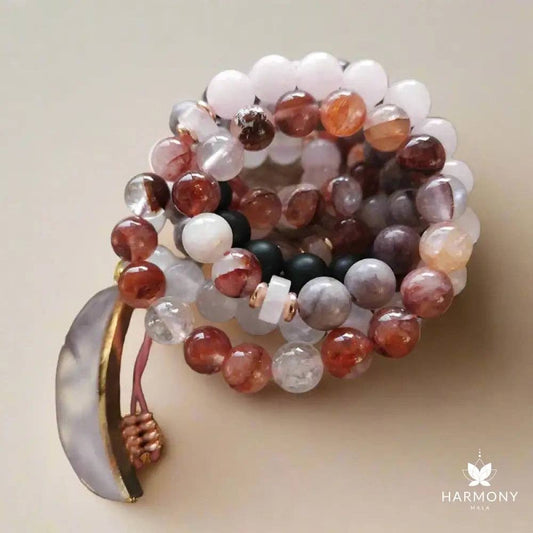 Rose Quartz, Black Onyx, Fire Quartz 108 Bead Mala - Spiral Circle