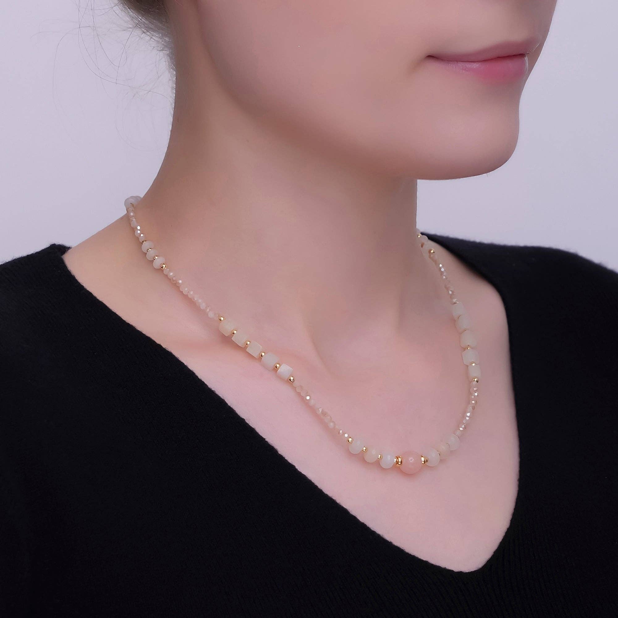 Rose Quartz Gemstone Bead Necklace | 24K Gold Plated - Spiral Circle