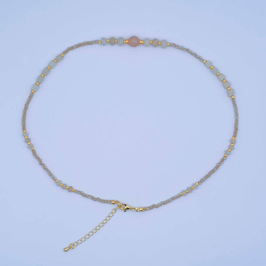 Rose Quartz Gemstone Bead Necklace | 24K Gold Plated - Spiral Circle