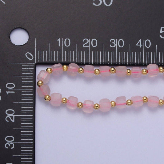 Rose Quartz Multi Faceted Cube Gemstone | Gold Bead Choker - Spiral Circle