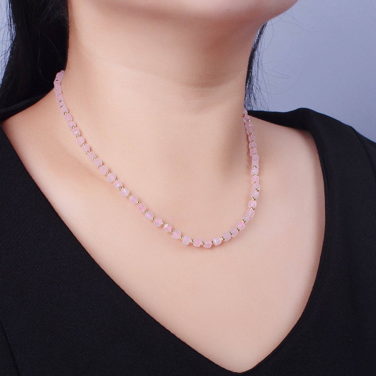 Rose Quartz Multi Faceted Cube Gemstone | Gold Bead Choker - Spiral Circle