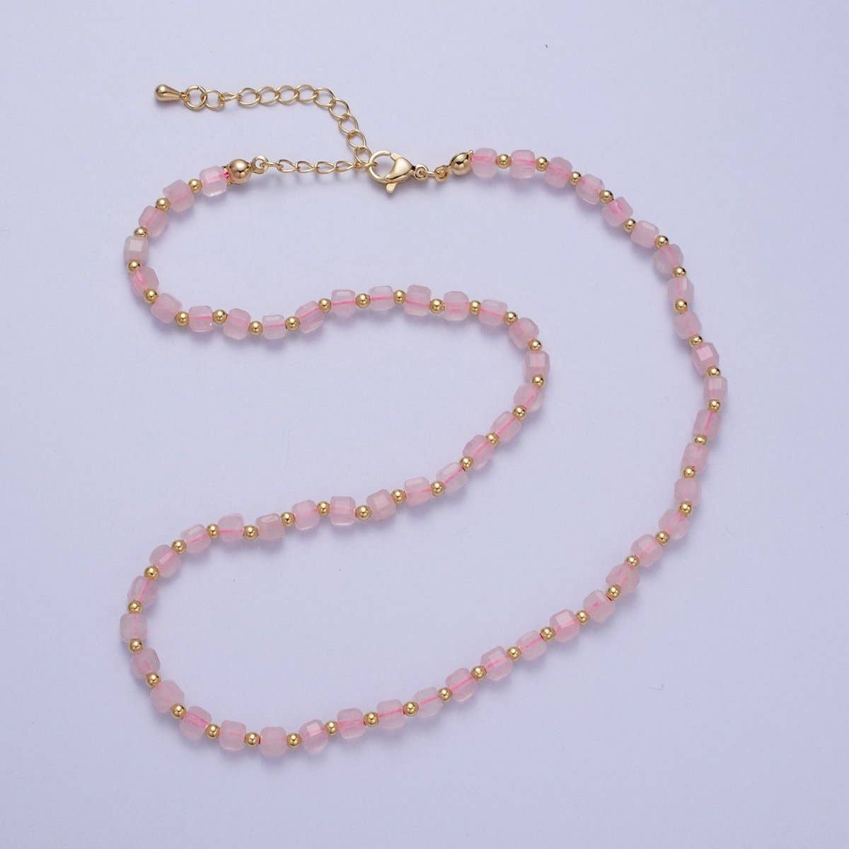 Rose Quartz Multi Faceted Cube Gemstone | Gold Bead Choker - Spiral Circle