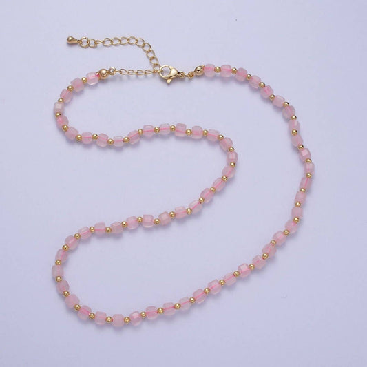 Rose Quartz Multi Faceted Cube Gemstone | Gold Bead Choker - Spiral Circle