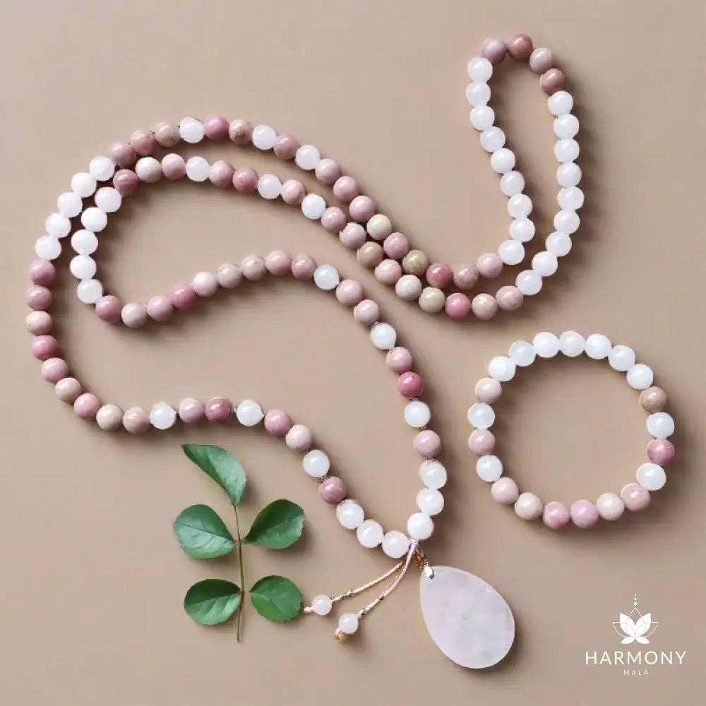 Rose Quartz & Rhodonite 108 Bead Mala - Spiral Circle