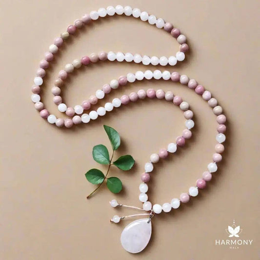 Rose Quartz & Rhodonite 108 Bead Mala - Spiral Circle