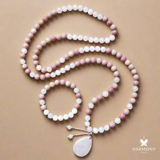 Rose Quartz & Rhodonite 108 Bead Mala - Spiral Circle