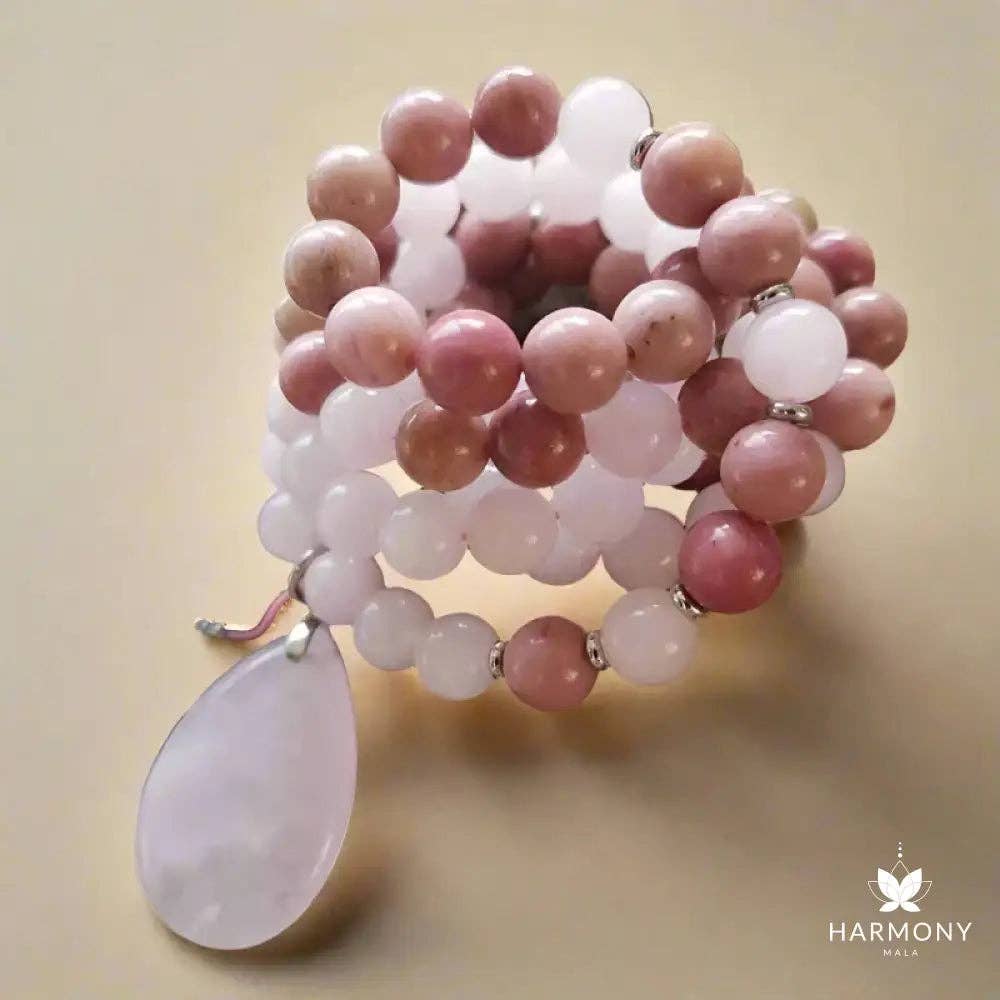 Rose Quartz & Rhodonite 108 Bead Mala - Spiral Circle