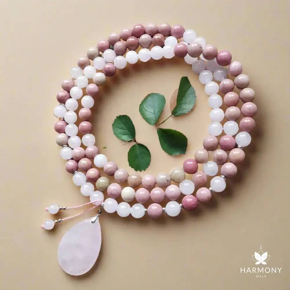 Rose Quartz & Rhodonite 108 Bead Mala - Spiral Circle