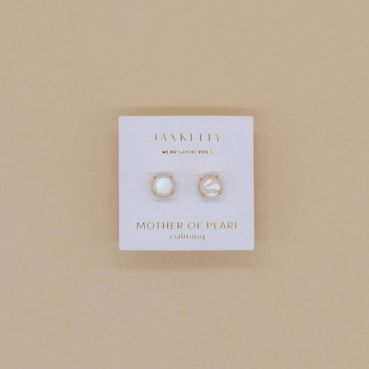 Round - Mother of Pearl Gemstone - Gold Earrings - Spiral Circle