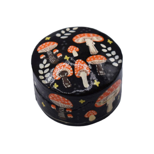 Round Trinket Box, toadstools, papier mâché, 5 x 3cm - Spiral Circle