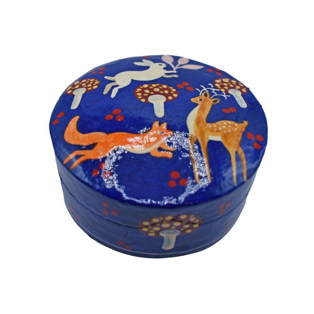 Round Trinket Box, woodland papier mâché blue 8 x 4cm - Spiral Circle