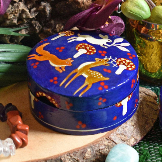 Round Trinket Box, woodland papier mâché blue 8 x 4cm - Spiral Circle