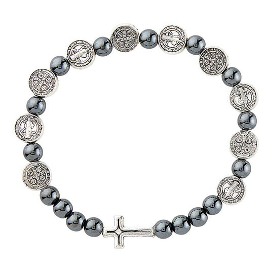Saint Benedict Beaded Bracelet - Hematite - Spiral Circle