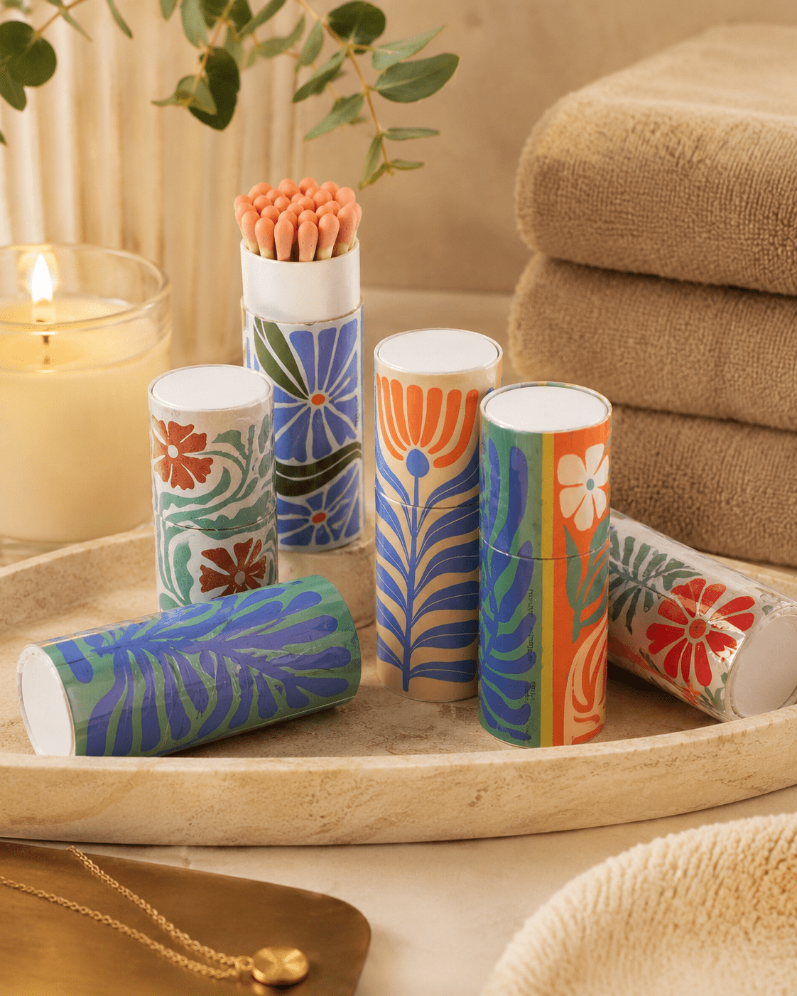 Scandi Floral Small Tube Matchbox - Spiral Circle