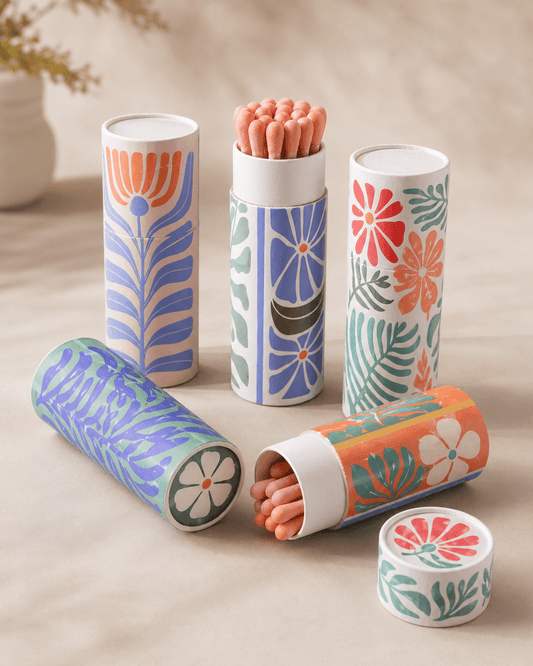 Scandi Floral Small Tube Matchbox - Spiral Circle