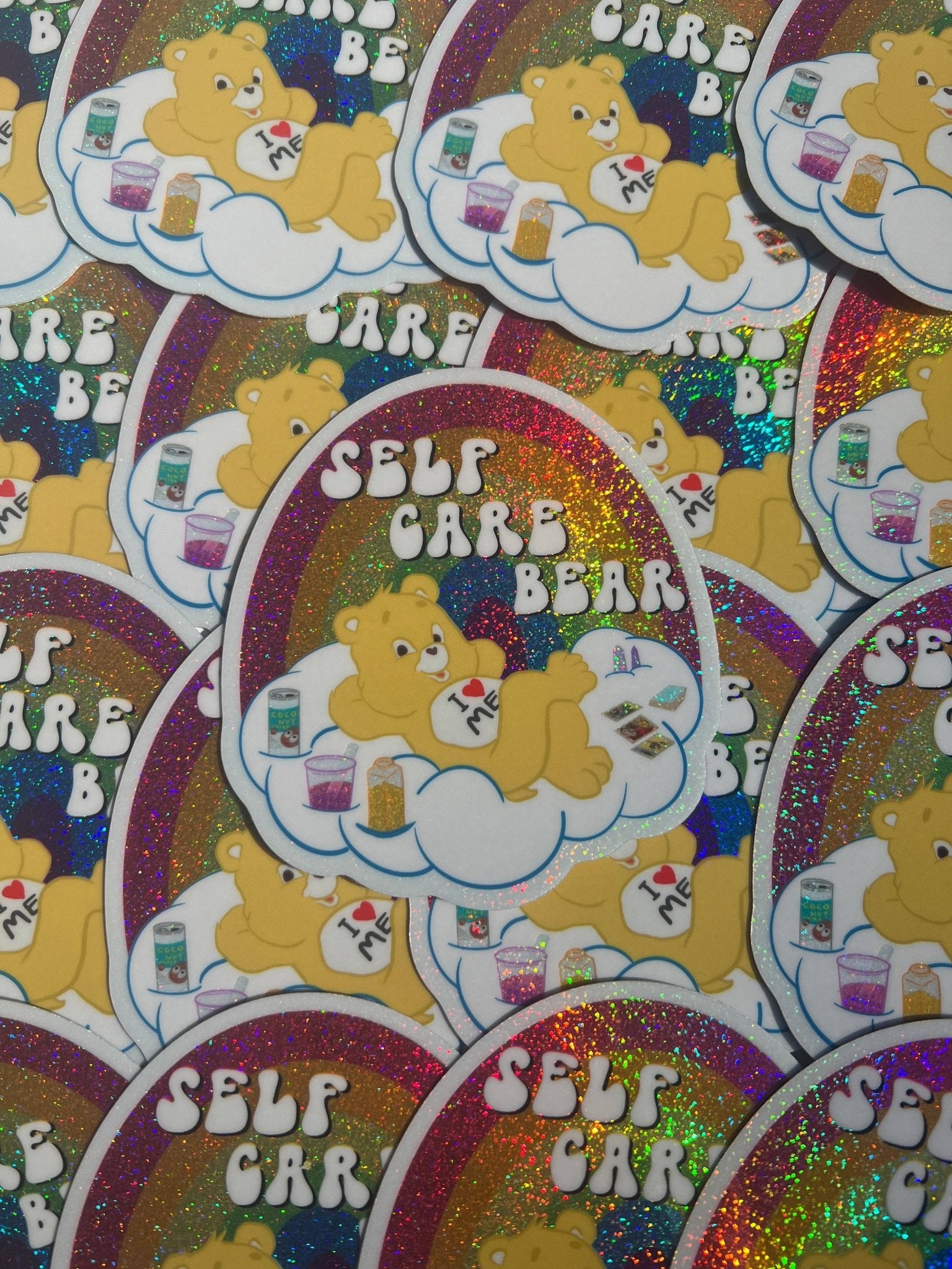 Self Care Bear Glitter STICKER 3 Inch - Spiral Circle