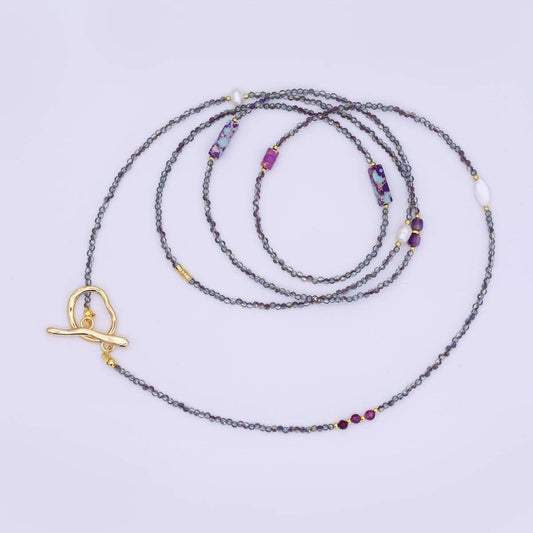Shell Pearl Amethyst & Jasper Necklace | 40" | 24k Gold Plated - Spiral Circle