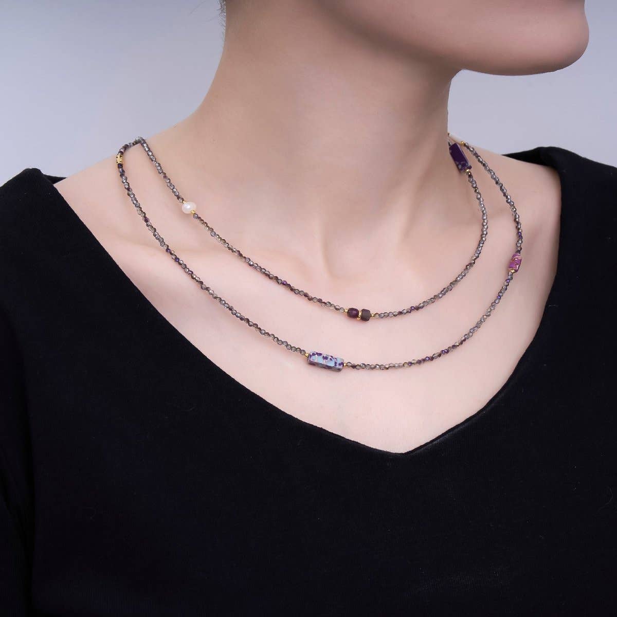 Shell Pearl Amethyst & Jasper Necklace | 40