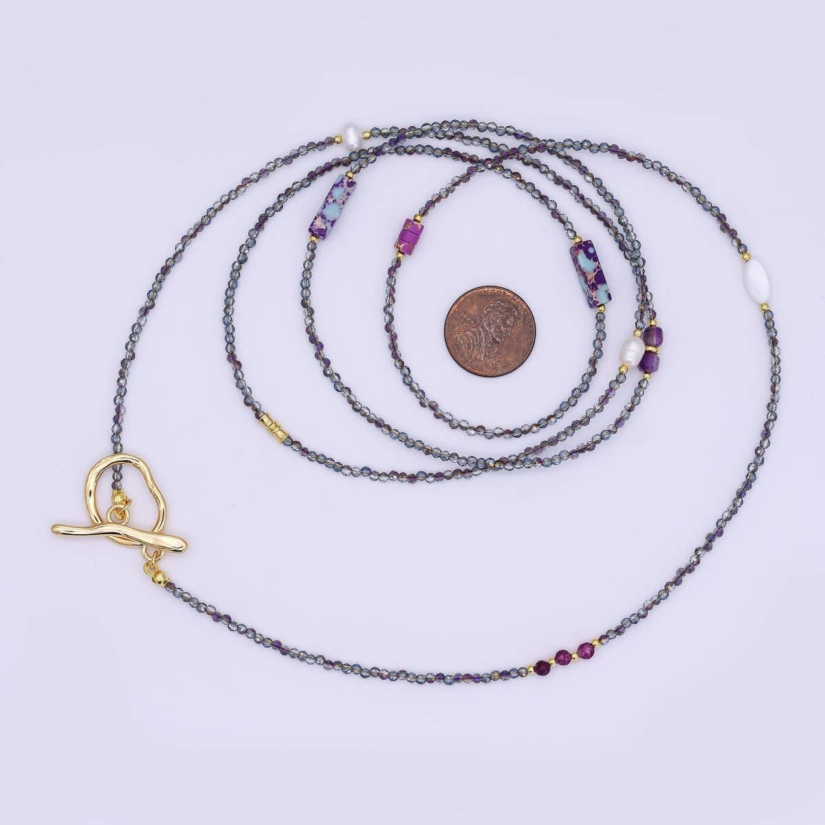 Shell Pearl Amethyst & Jasper Necklace | 40" | 24k Gold Plated - Spiral Circle