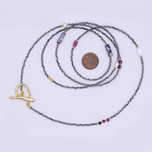 Shell Pearl Amethyst & Jasper Necklace | 40" | 24k Gold Plated - Spiral Circle